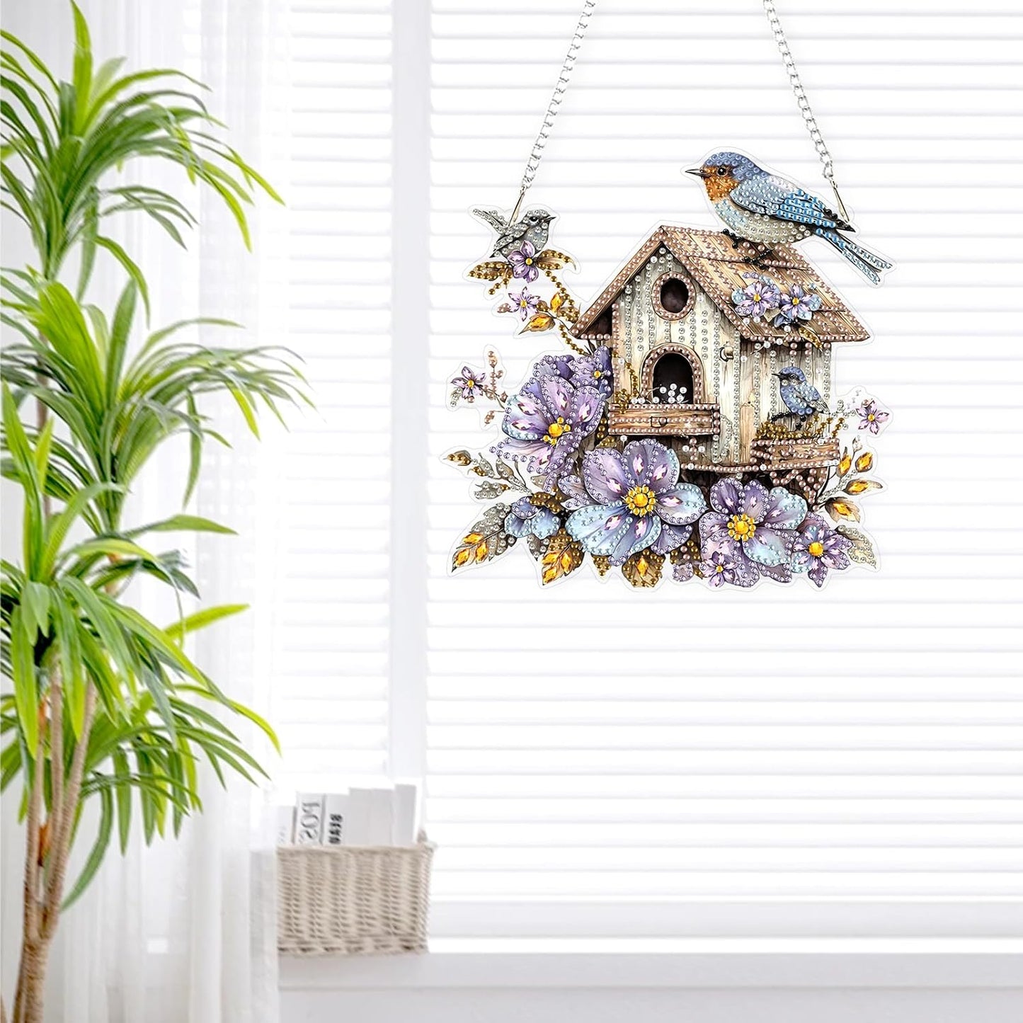 Lxmsja DIY Birdhouse Diamond Painting Hanging Ornament, Double-Sided Acrylic Flowers Bird Diamond Art Kit, Special Shaped Drill Pendant Window Art Kit, Suncatcher Hanging Craft Decoration 8x8 inch