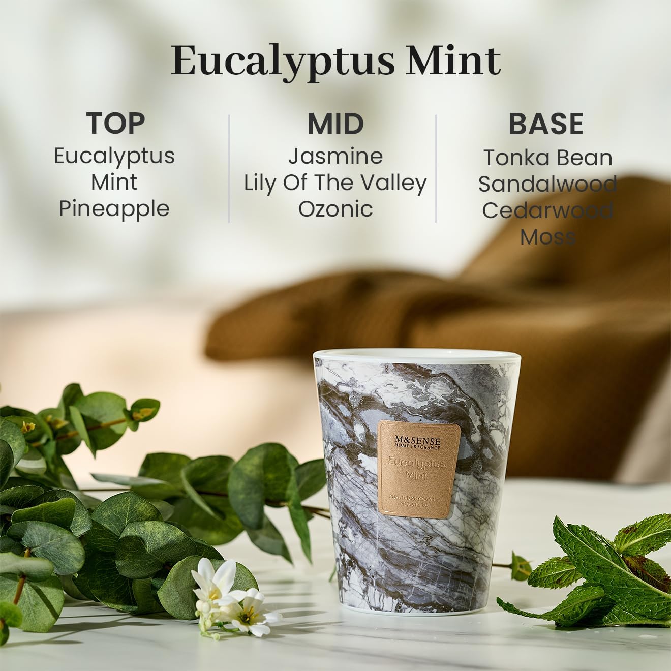 M&SENSE EucalyptusMint Scented Candles for Home, Lead-Free Wick Highly Scented Jar Candles, 14.1 Oz 80 Hours Lasting Burning Candles Gifts for Women, Relaxing Aromatherapy Candle for Stress Relief