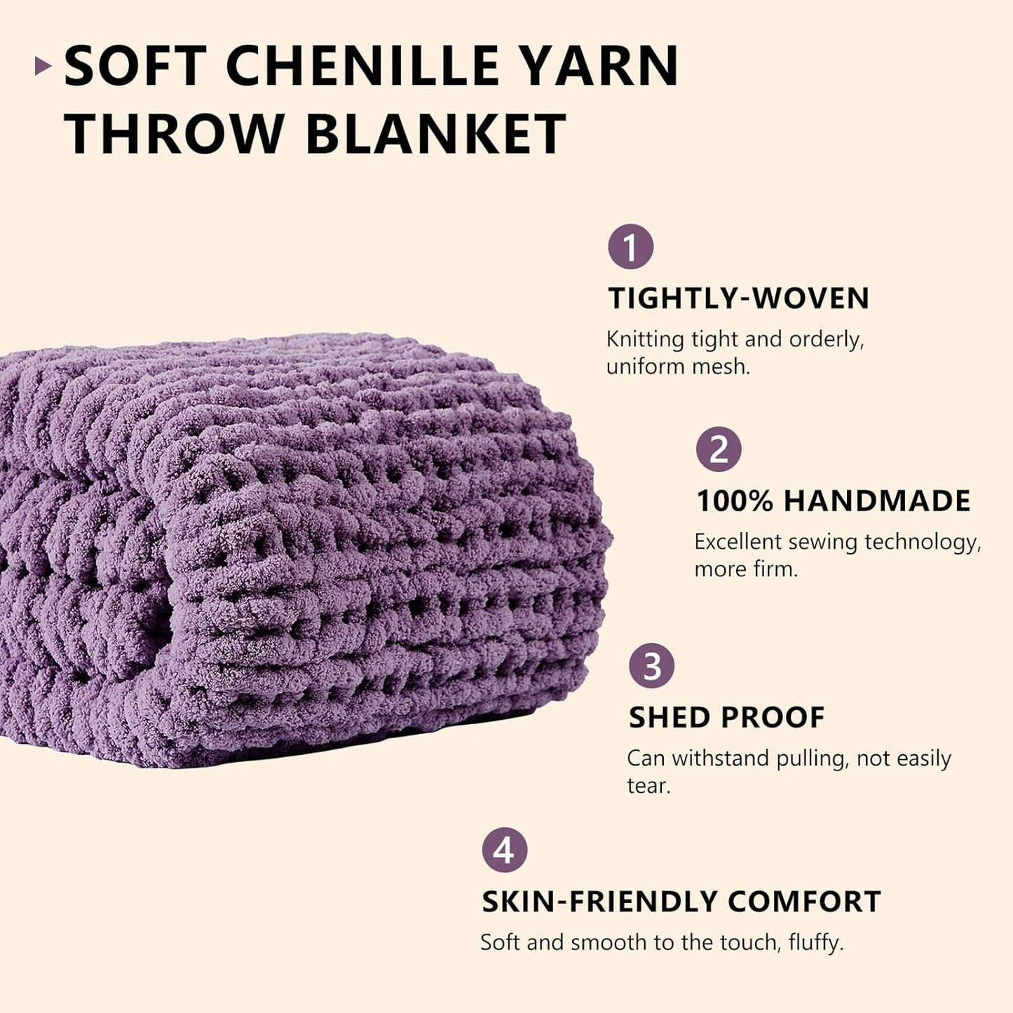 L'AGRATY Chunky Knit Blanket Throw: 60''x80'' Chenille Chunky Knitted Throw Blanket for Bed Couch - Handmade Thick Big Cable Knit Blanket - Large Crochet Rope Blanket for Home Decor(Deep Purple)