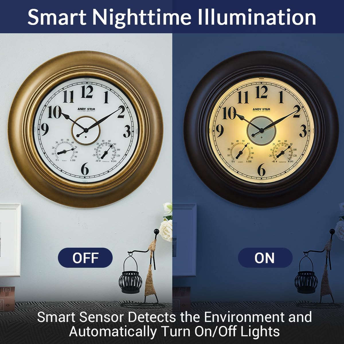 ANDY STAR 21 Inch Outdoor Clocks Waterproof, Large Outdoor Wall Clocks for Patio with Thermometer, Weatherproof Illuminated Clock Battery Operated with Thermometer&Hygrometer, Gold Metal Finish