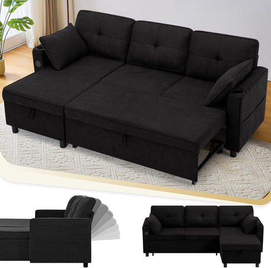 84 Inches Fabric Sectional Sofa w/Pull Out Sofa Bed & Adjustable Back, Tufted L Shaped Couch w/Storage Chaise, Sleeper Sectional Sofa w/USB Port & Cup Holders for Living Room, Black