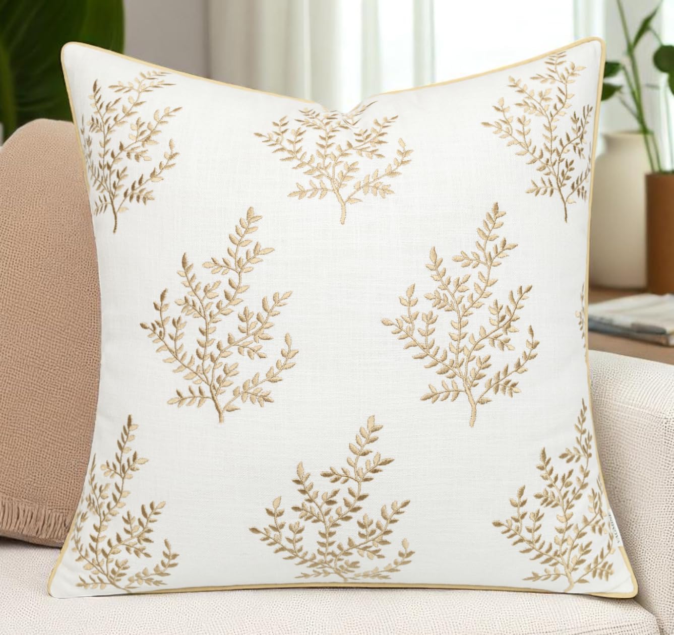 VAGMINE Embroidered Leaves Throw Pillow Cover - 20x20 Inches Square - 100% Cotton Ivory Cushion Cover - Delicate Leaf Stitchwork - Chic Home Accent for Sofa, Lounge, Rustic Farmhouse Décor