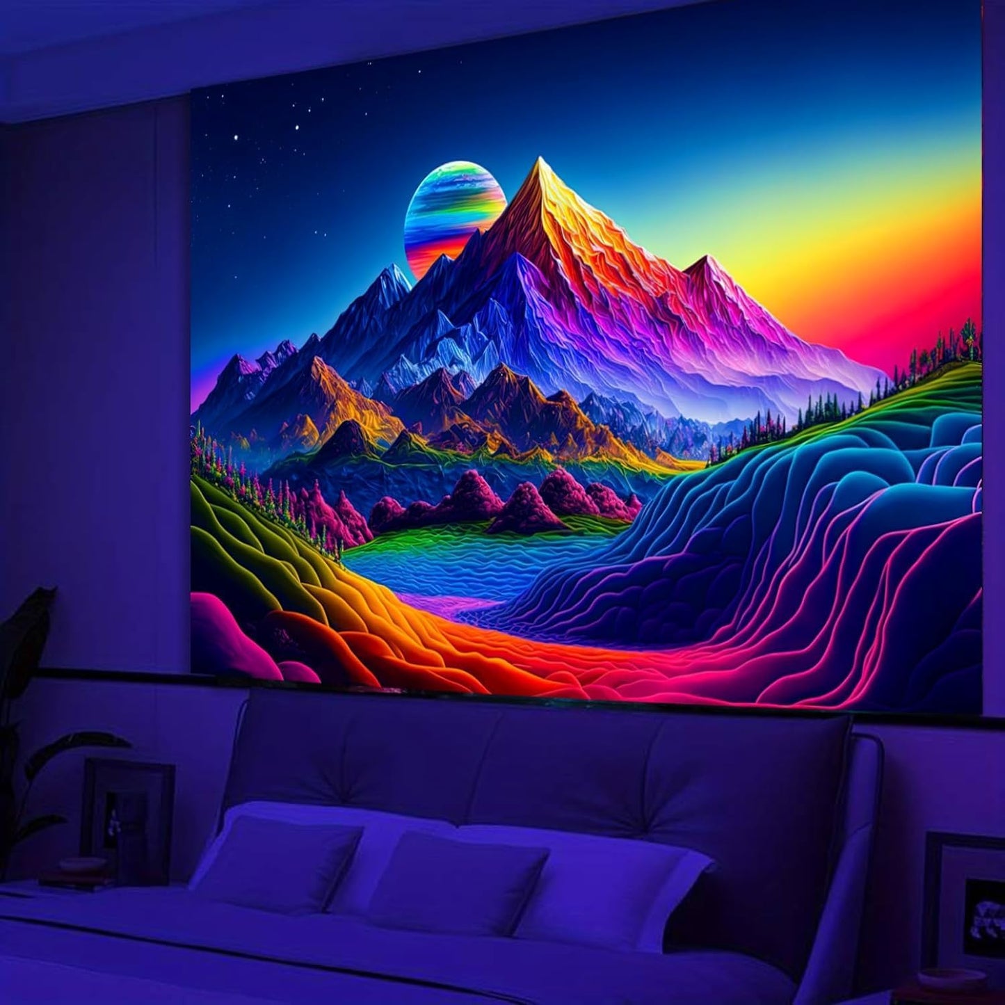 SparkLia Sunset Mountain Tapestry, Blacklight Colorful Forest Lake UV Reactive Tapestry, Neon Glow in the Dark Starry Stars Nature Landscape Wall Hanging Tapestries for Bedroom - 90" x 70"