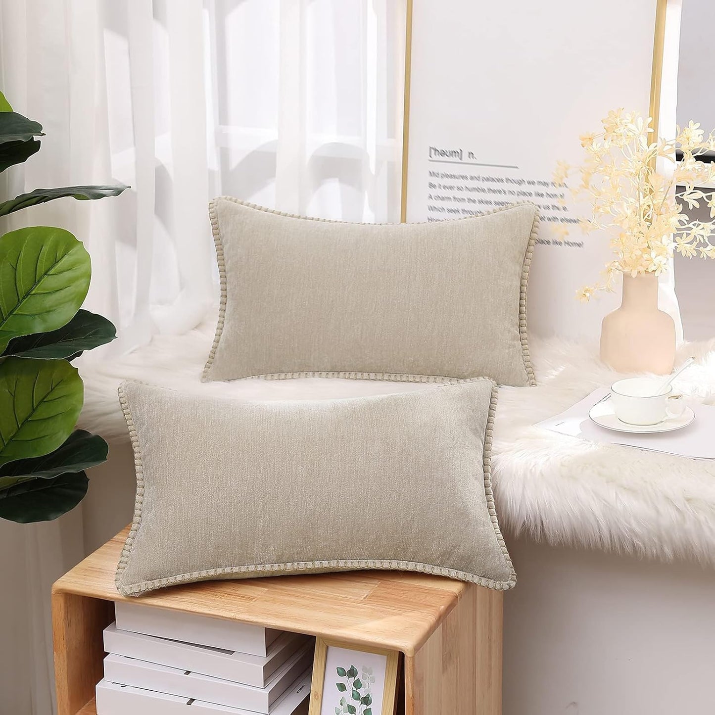 decorUhome Chenille Soft Throw Pillow Covers 12x20 Set of 2, Lumbar Velvet Farmhouse Neutral Decorative Euro Pillow Covers with Stitched Edge for Couch Sofa Bed Home Decor, Beige