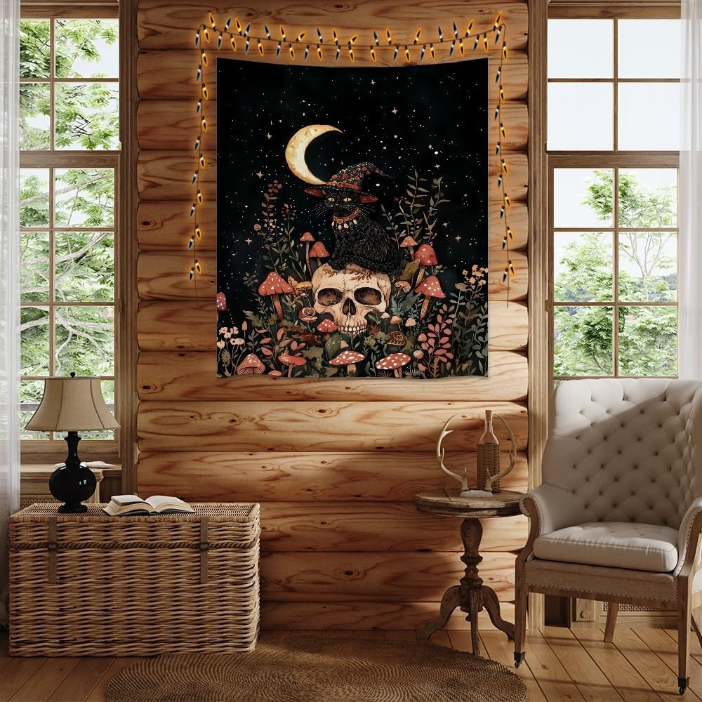 Halloween Witch Cat Tapestry Gothic Skull and Mushroom Artwork Print Spooky Halloween Witchy Wall Hanging Decor Black Cat Crescent Moon art Tapestries for Living Room Bedroom Decoration 40x60inch