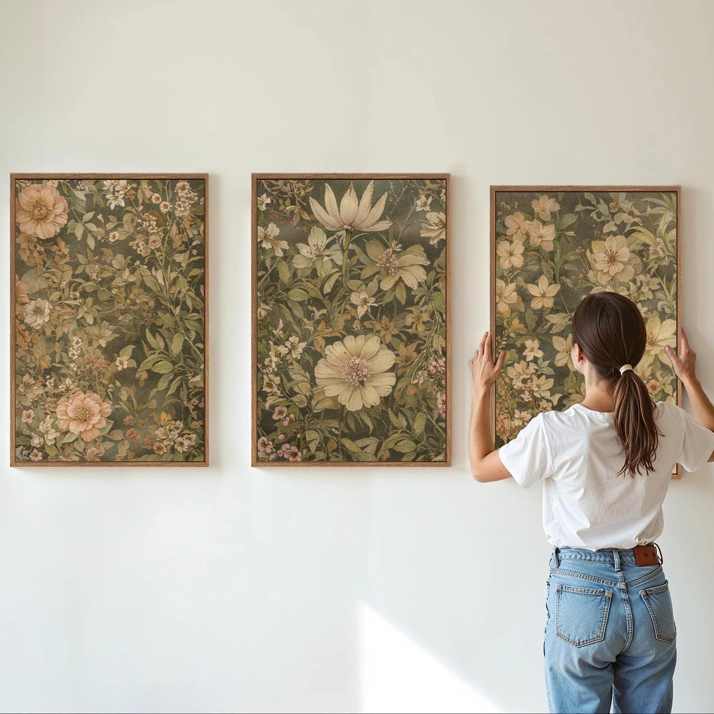 SIGNINART Vintage Floral Framed Canvas Wall Art Set of 3, Mid Century Modern Flowers Wall Decor, Neutral Botanical Artwork, Retro Wildflower Art Prints for Bedroom, Living Room, Office 24"x36"x3