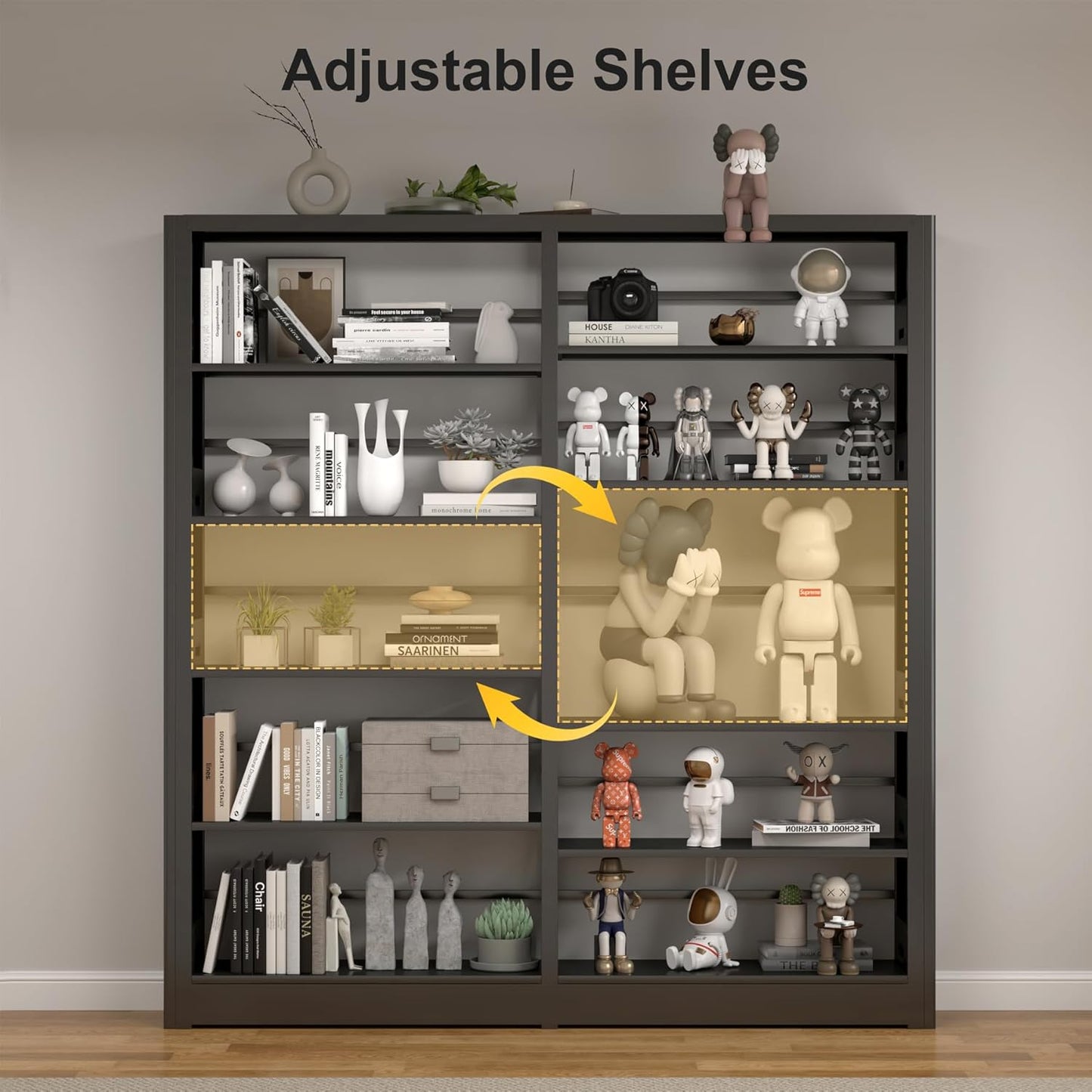 5-Tier Industrial Bookshelf, Black Bookcases and Bookshelves,Tall Metal Bookshelf Storage Organizer,Freestanding Book Shelf for Living Room,Home Office (Black, Shelf-2)