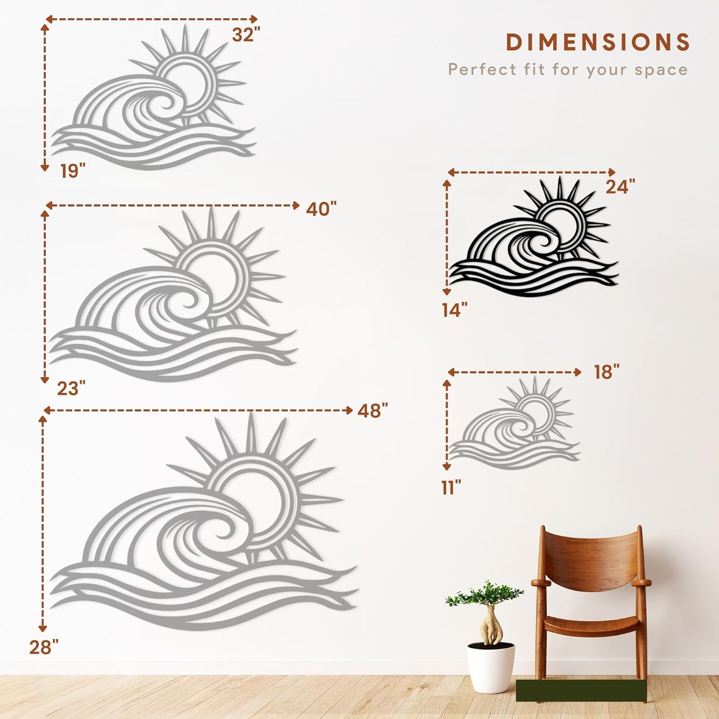 Wita Home Ocean Wave Metal Wall Art, Sun Beach Decor, Coastal Large Wall Sculpture for Home, Indoor/Outdoor Use, Nautical Wall Hanging, Eye-Catching Addition to Living Room (Black, 24 x 14 inches)