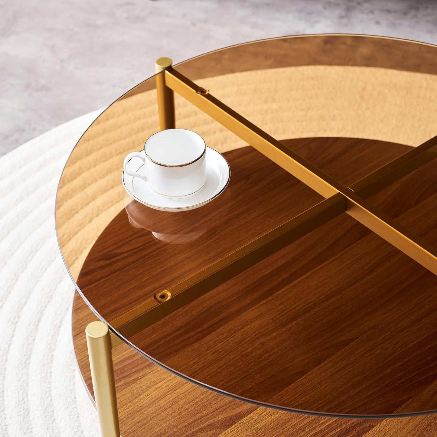 Round Coffee Table, Mid-Century Modern Design, D30 x H17, for Living Room, 2-Tier Structure, Amber Glass Top and Walnut MDF Shelf, Sleek Conical Metal Legs with Gold Finish