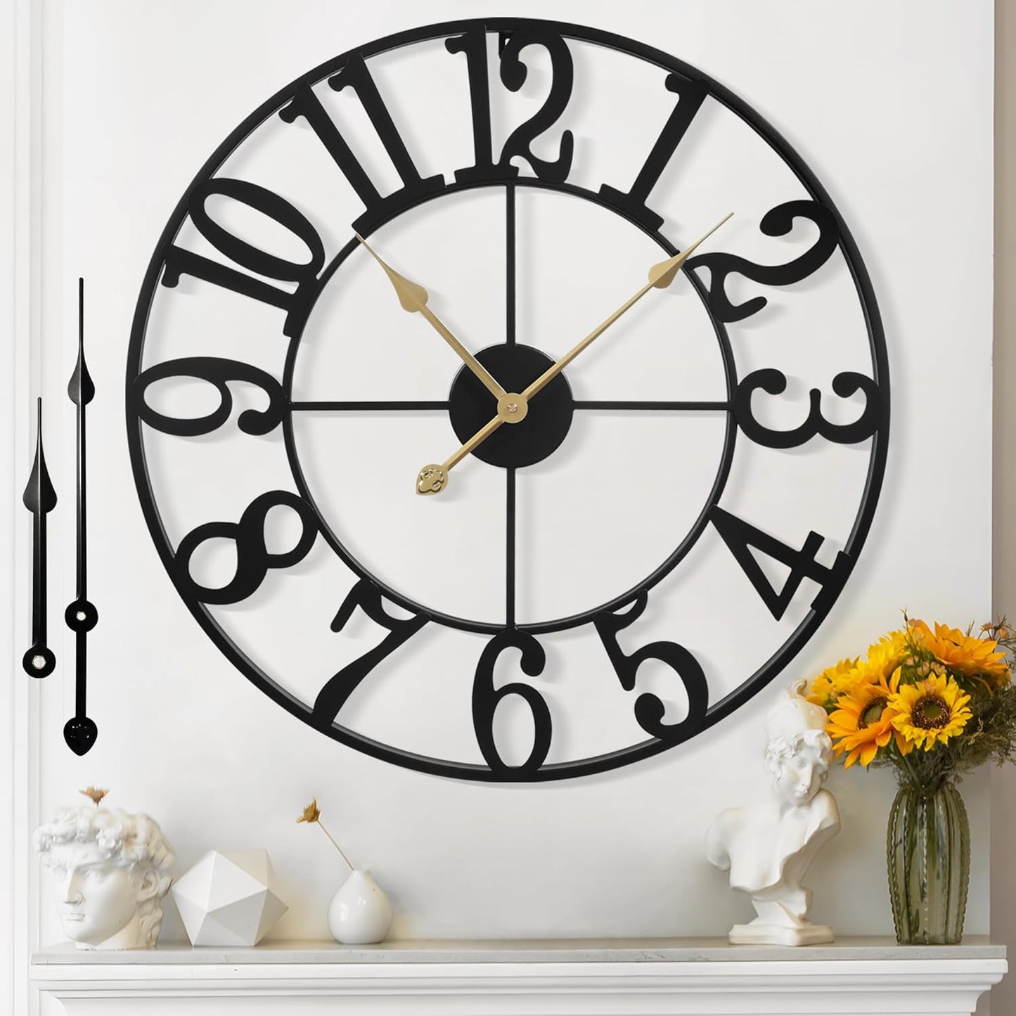 Large Wall Clock for Living Room Decor - 60cm/ 24 Inches Silent Non-Ticking Metal Wall Clocks Battery Operated, Vintage Decorative Modern Wall Clock for Bedroom, Office, Farmhouse Decor