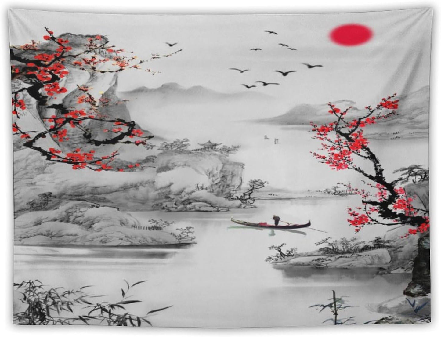 Cherry Blossoms Tapestry, Japanese Red Landscape Watercolor Abstract Art, Asian Japanese Wall Tapestry, Nature Landscape Tapestries for Bedroom Living Room Decor 90"x60"