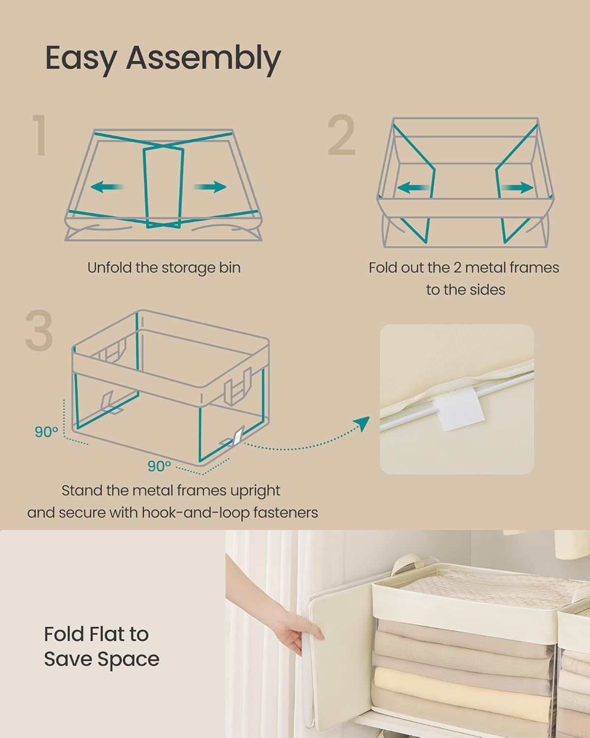 SONGMICS Storage Bins Set of 3, Large Fabric Storage Baskets, Foldable Organizer with Transparent Nylon Mesh, 19.7 x 11.8 x 11.8 Inches, Handles, for Bedroom, Living Room, Cream White URFB950W01
