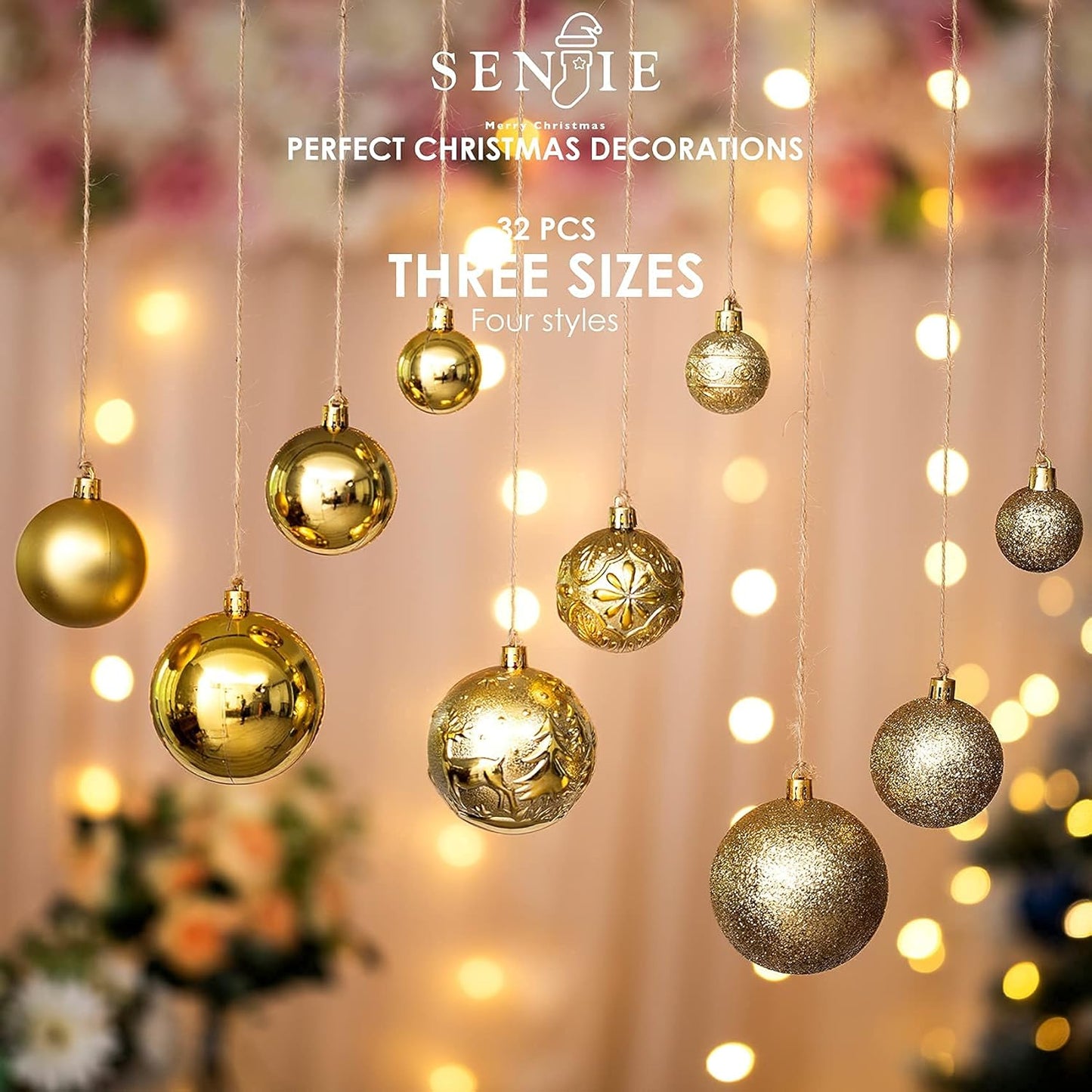 Senjie Gold Shatterproof Christmas Ball Ornaments, 32 Pcs, Plastic, Hanging, Christmas, Wedding