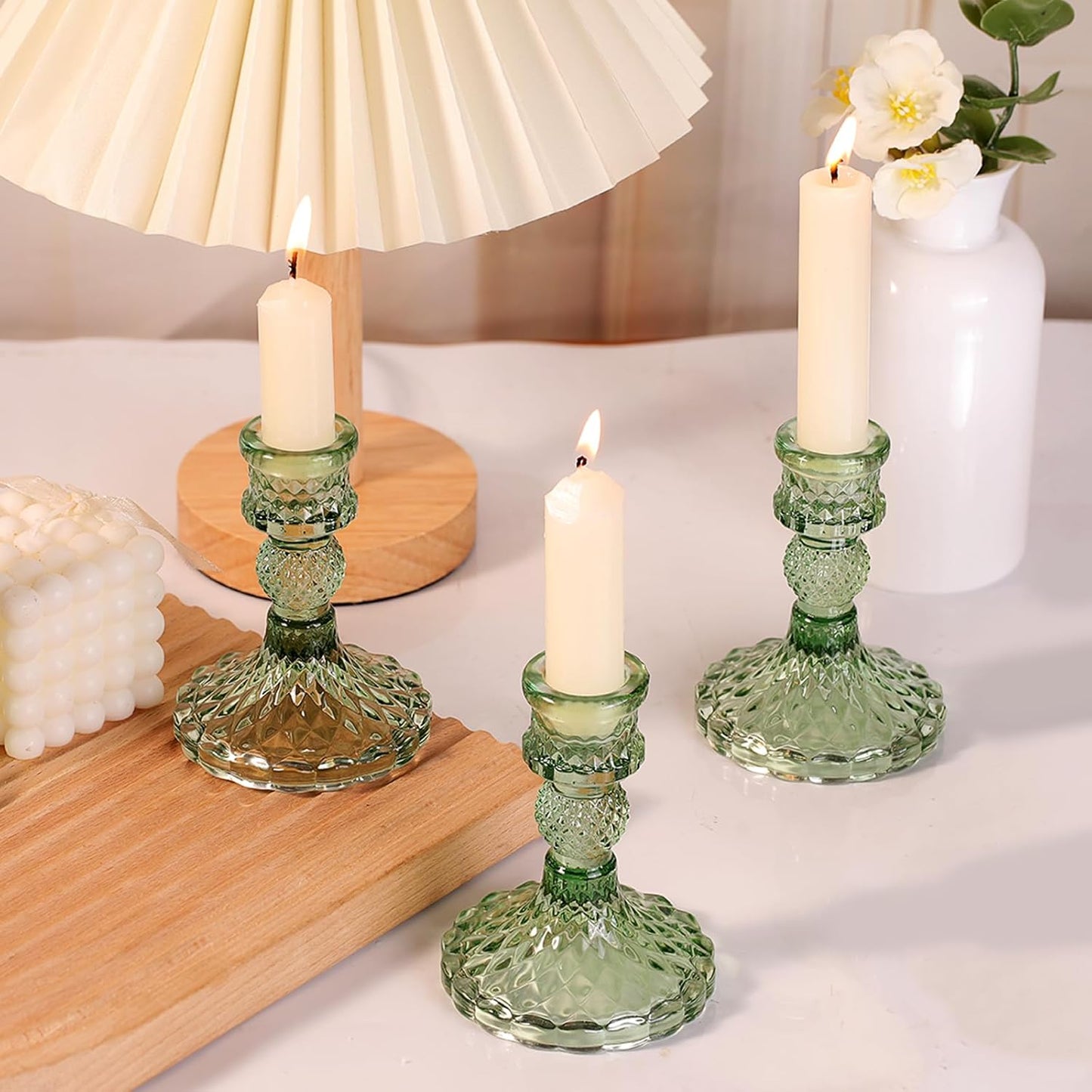 12Pcs Green Candlestick Holders Set- 4" H Taper Candle Holders Bulk, Glass Candle Holders for Wedding, Party, Romantic Dinner Table Centerpieces, Festival Gifts & Windowsill Decor
