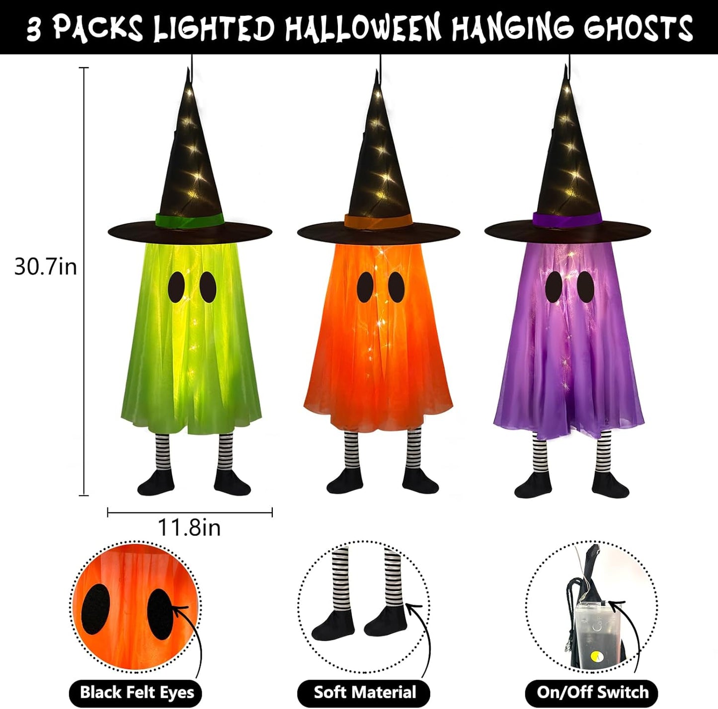 DAZONGE Halloween Decorations Outdoor, 3 Packs Hanging Ghost Halloween Decor with String Lights Battery Operated, Ghost Decor with with Hat for Home Yard Porch