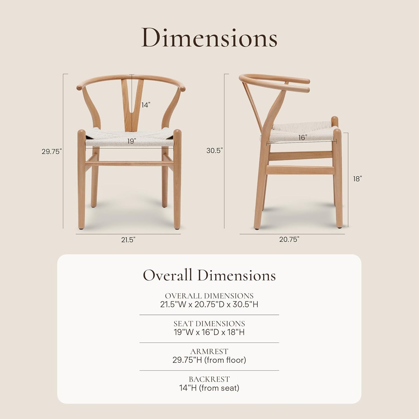POLY & BARK Weave Dining Chairs – Mid-Century Modern Wishbone Dining Chairs with Arms, Solid Wood Frame, Indoor Use – Natural – Set of 2 - Ideal for Dining Room, Kitchen or Stylish Accent Setting