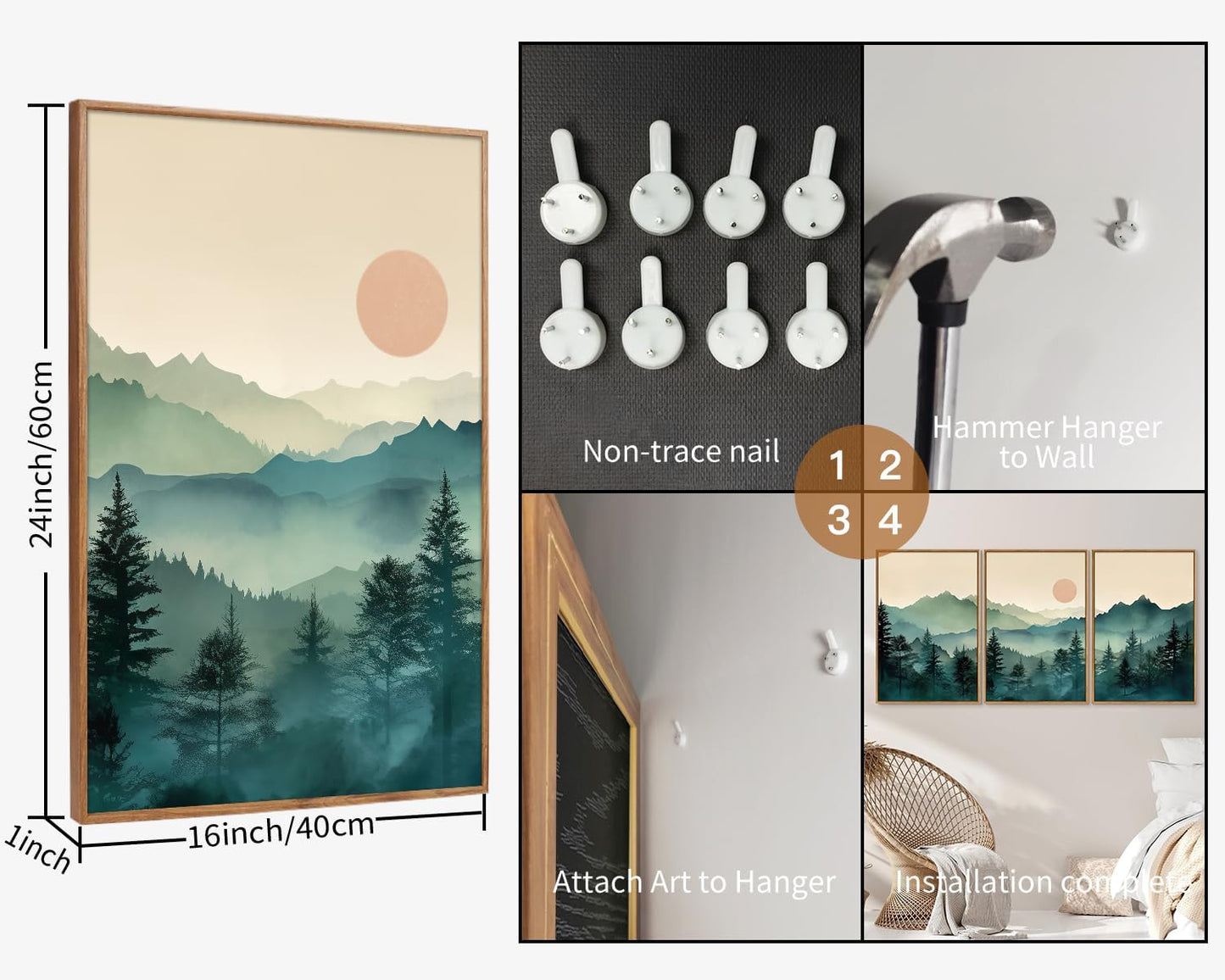 SIGNINART Large Mountain Framed Canvas Wall Art Set, Abstract Misty Forest Wall Decor, Foggy Nature Pine Tree Wall Painting, Modern Boho Sunrise Art Prints for Bedroom Living Room and Office 24"x36"x3