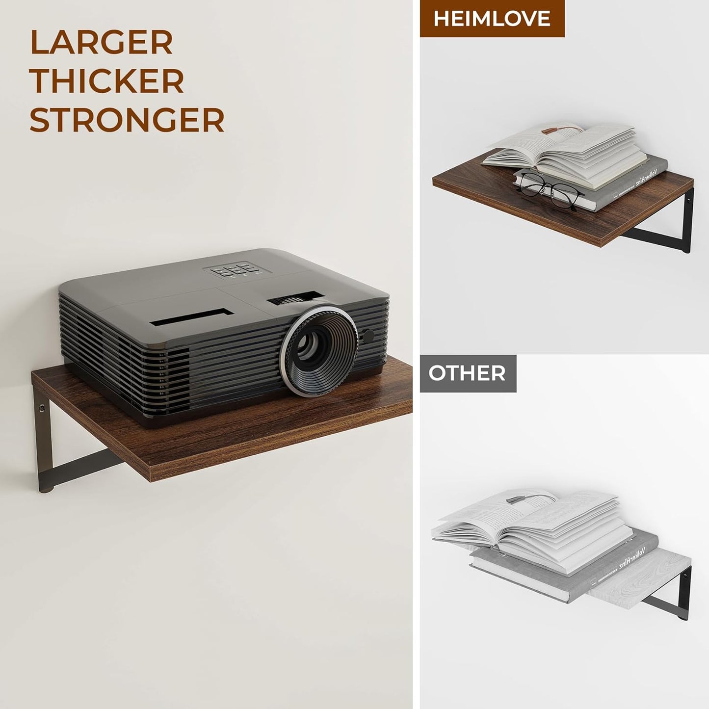 Heimlove 24" W x 12" D Wall Shelves for Books, 12 Inch Deep Floating Shelves Set of 3, Wide Floating Bookshelf with Metal Bracket for Living Room, Kitchen, Office, Bedroom and Decor Storage - Walnut