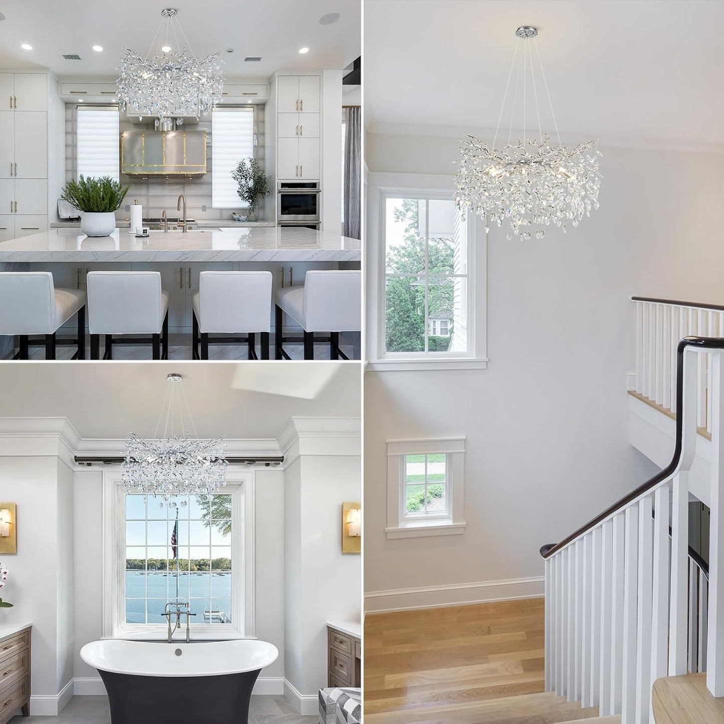 Modern Round Crystal Chandeliers, 30" Crystal Chandeliers for Dining Room,Silver Tree Branches Chandelier, for Living Room,High Ceiling,Foyer,Entryway,Kitchen Island