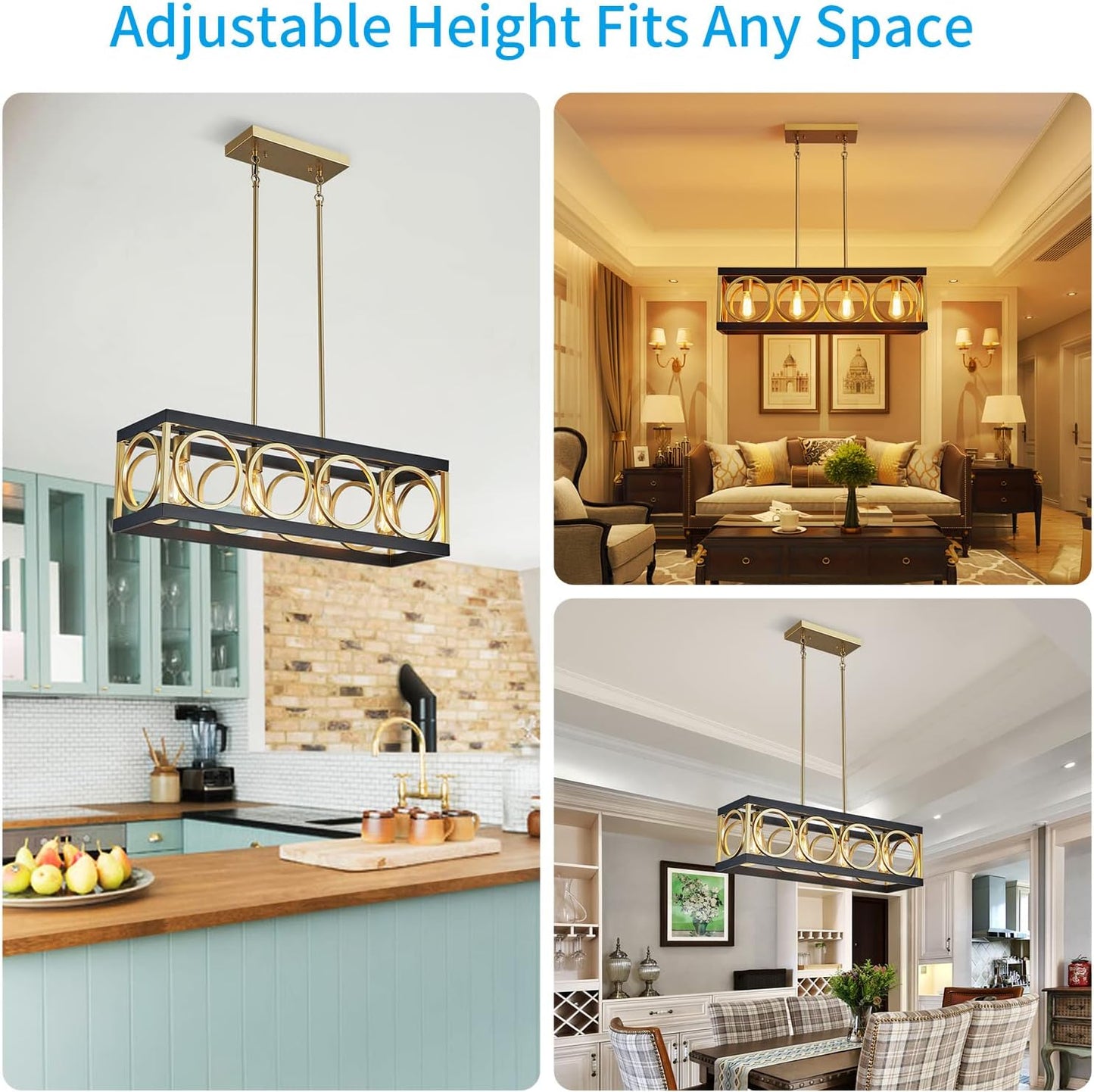 XINGQI Modern Rectangle Chandelier, Farmhouse Kitchen Island Lighting Rustic Industrial Hanging Light Fixture 4-Light Metal Linear Pendant for Dining Room Living Room Hallway, Black and Gold