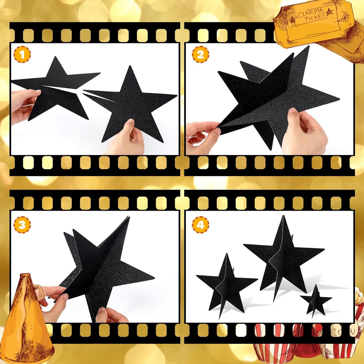 45 Pcs 3D Star Centerpieces Movie Night Decorations for Table in 3 Sizes Hanging Supplies for Red Carpet Film Show Theme Birthday New Year Party First Day of School Table Decor(Black and Gold)