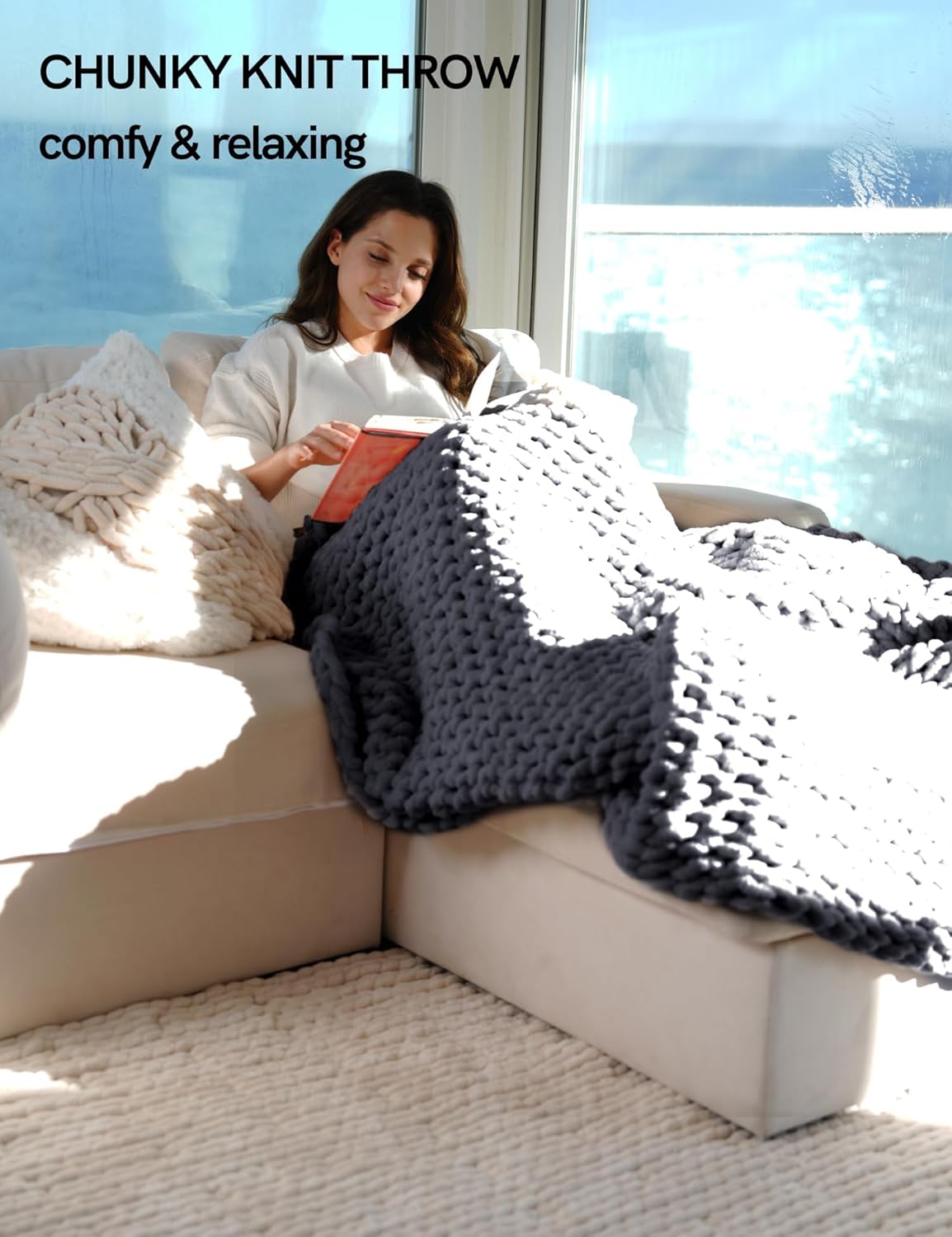YnM Chunky Throw Blanket, Medium-Weight, Hand Knitted with Chenille Yarn, Skin Friendly, Ventilated and Breathable, Machine Washable, Home Décor Piece for Couch, Sofa and Bed (Lava Grey, 50x60 Inch)