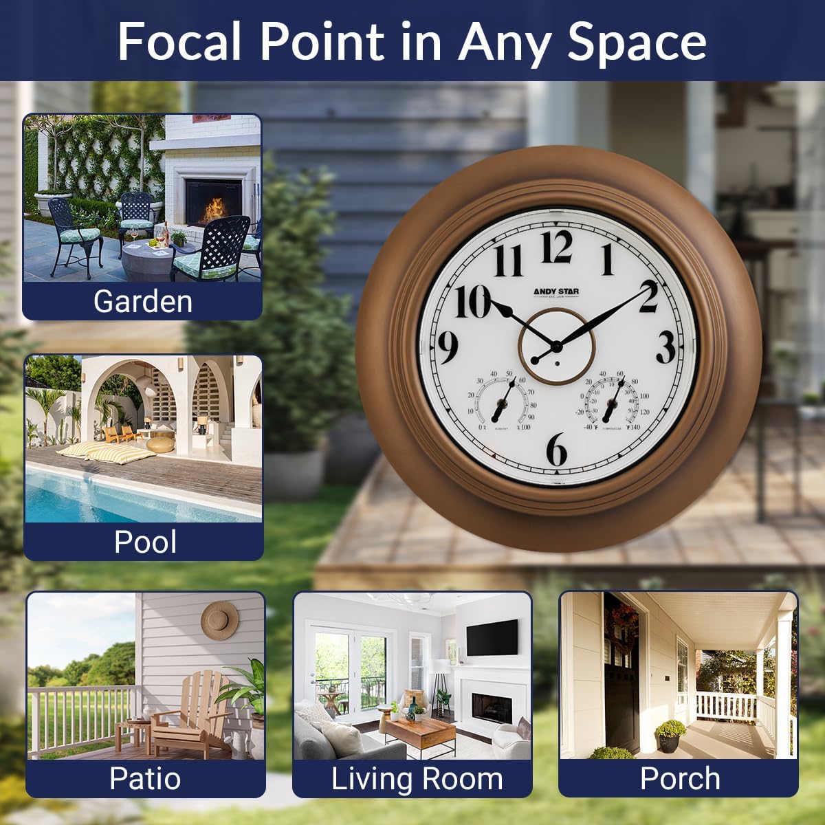 Andy Star 21 Inch Large Luminous Outdoor Wall Clock Waterproof with Temperature, Vintage Round Wall Clocks Battery, Oversized Pool Clock for Garden Patio Rustic Bronze Finish Silent Non Ticking Clock