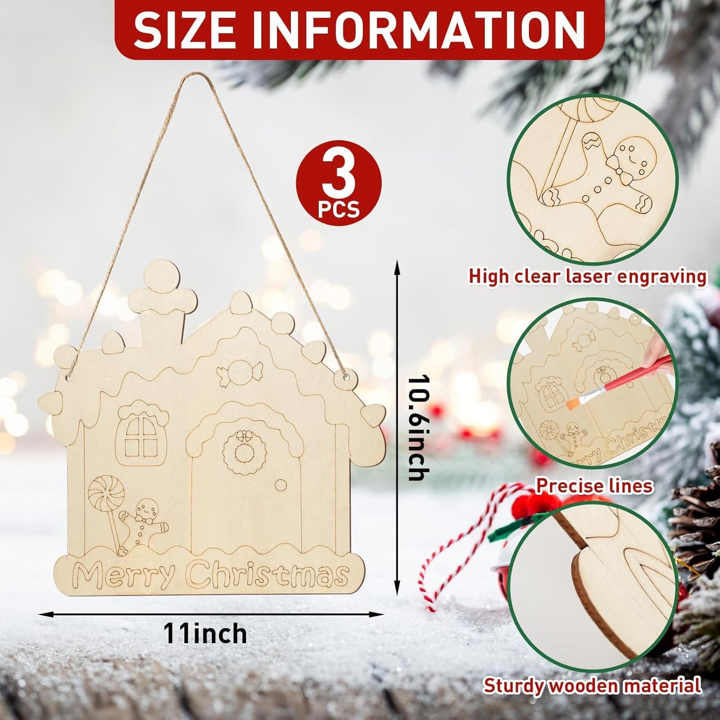 Paintable Christmas Ornaments 3 Sets, Wooden Ornaments to Paint, Unfinished Christmas Tree Wreaths Wood Crafts for Painting, Wood Cutouts DIY Xmas Ornament for Front Door Decor (House
