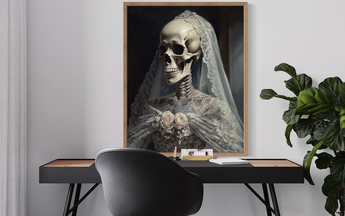 Skull Gown Poster Art Print, Halloween Scary Vintage Wall Art Academia Spooky Painting Decoration for Horror Prints, Gothic Posters Bedroom Decor 89 (Skull Gown, 16 x 20 inches, Wood Frame)