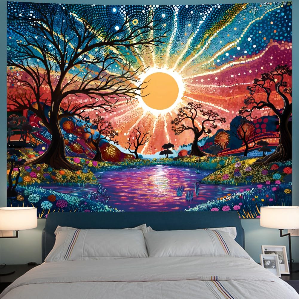 Serborlur Tree of Life Tapestry Trippy Sun Forest Tapestries Colorful Starry Sky Tapestries Hippie Nature Landscape Wall Tapestry Aesthetic Vintage Wall Hanging for Bedroom (70.8" x 92.5")