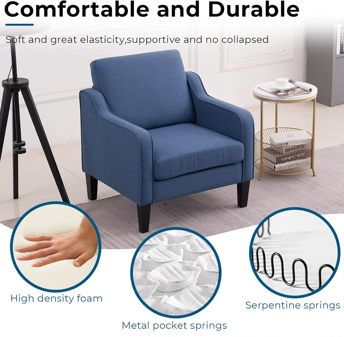 VINGLI Mid Century Modern Accent Chair, Navy Blue Fabric Accent Chairs for Living Room, Upholstered Armchair with Scooped Arms for Bedroom, Apartment, Studio, Office, Waiting Room