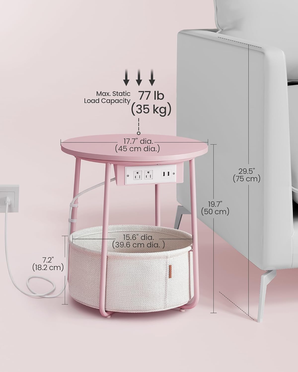 VASAGLE Side Table with Charging Station, Round End Table with Fabric Basket, Nightstand with Power Outlets, USB Ports, for Living Room, Bedroom, Modern, Jelly Pink and Cream White ULET228R01