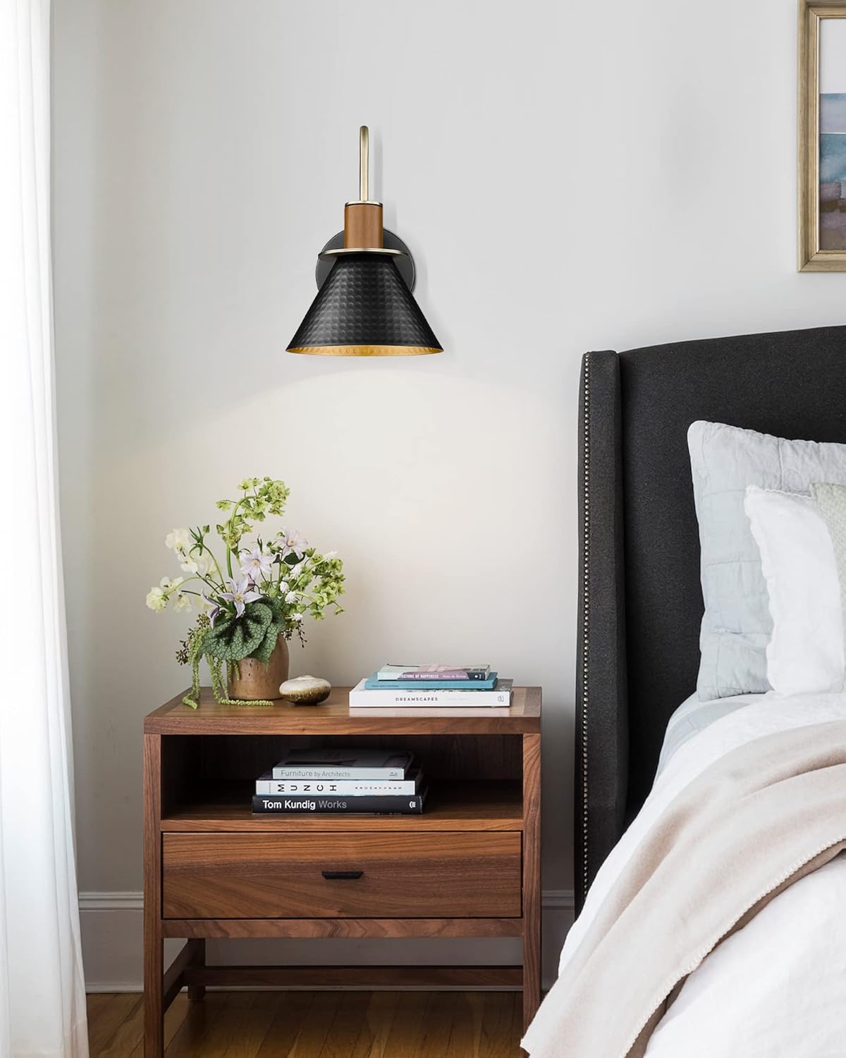 Black Wall Sconce, HWH Industrial Indoor Wall Light Fixture, Single Wall Vanity Light Gooseneck Barn Wall Lamp with Hammered Metal Shade, Black and Gold Finish, 5HZG74B BK+BG