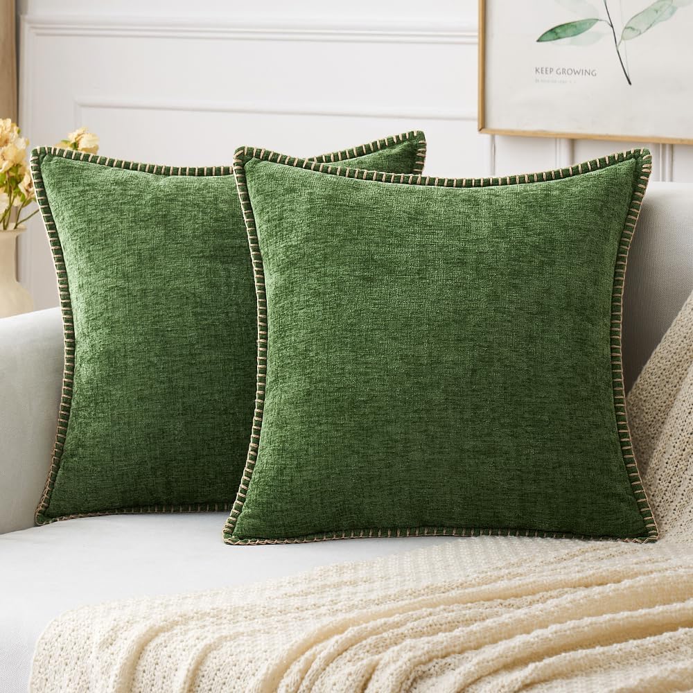 MIULEE Pack of 2 Christmas Pillow Covers 20x20 Inch Moss Green Farmhouse Decorative Throw Pillow Covers with Stitched Edge Soft Chenille Solid Dyed Couch Pillow Covers for Sofa Bed Living Room