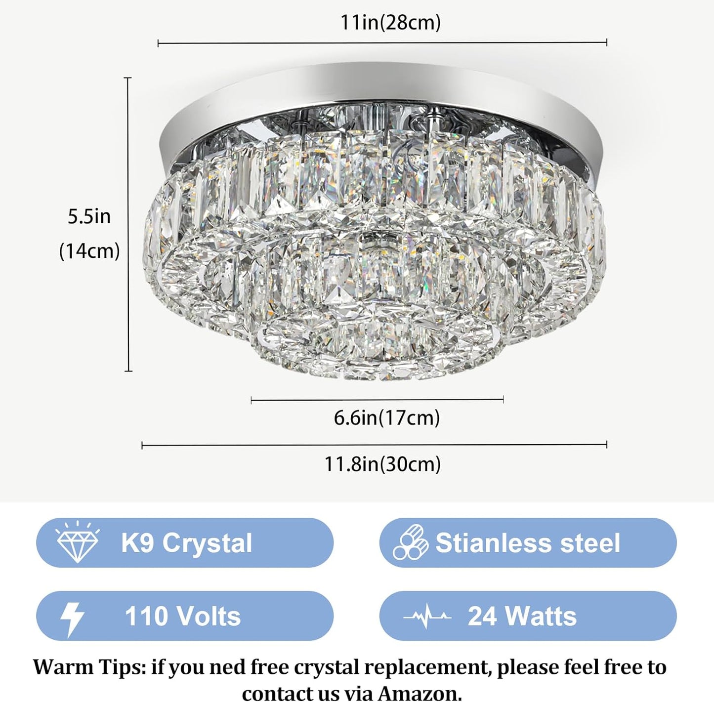 11.8" LED Chandelier 2-Layer Crystal Ceiling Light Fixture with Remote Control Flush Mount Chandelier Light for Hallway Bedroom Living Room Kitchen Foyer(dimmable)