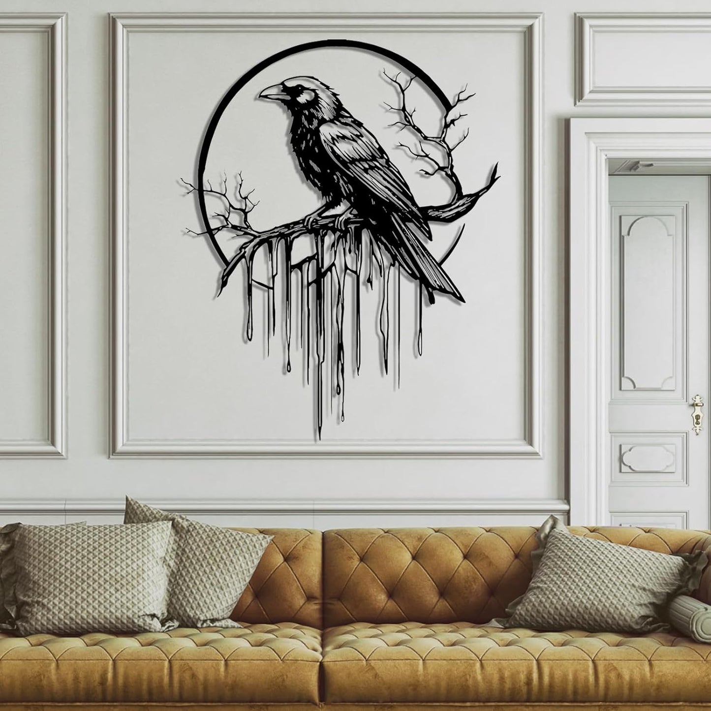 Crow Metal Wall Decor, Raven Wall Art, Large Gothic Raven Decor Hangings, Bird Wall Decor, Metal Tree Branch Decor, Ravens Sign, Raven Art for Living Room (Silver, 30"x24" |76x61cm, metal wall art)