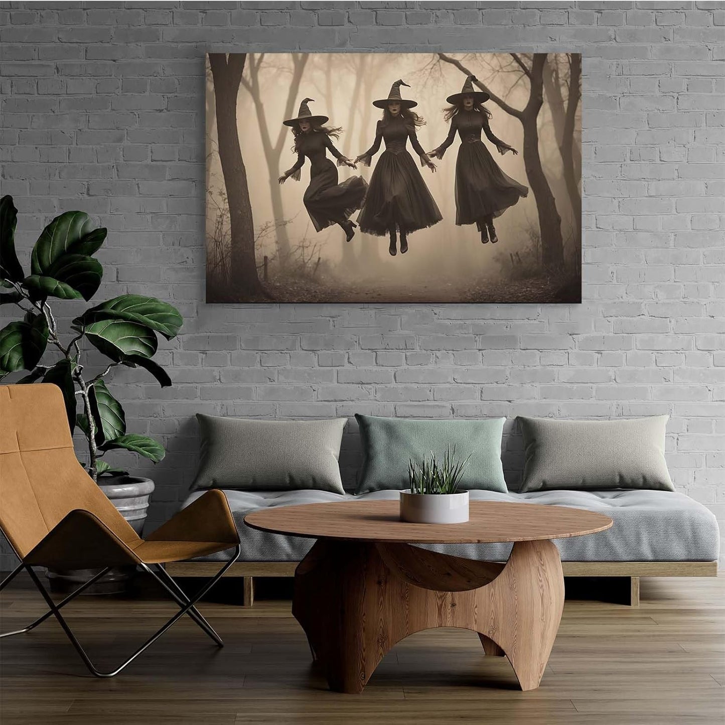 Three ghost witches flying in vintage forest gothic wall art witchcraft decoration holiday gift canvas wall art print20x30in Wood Framed