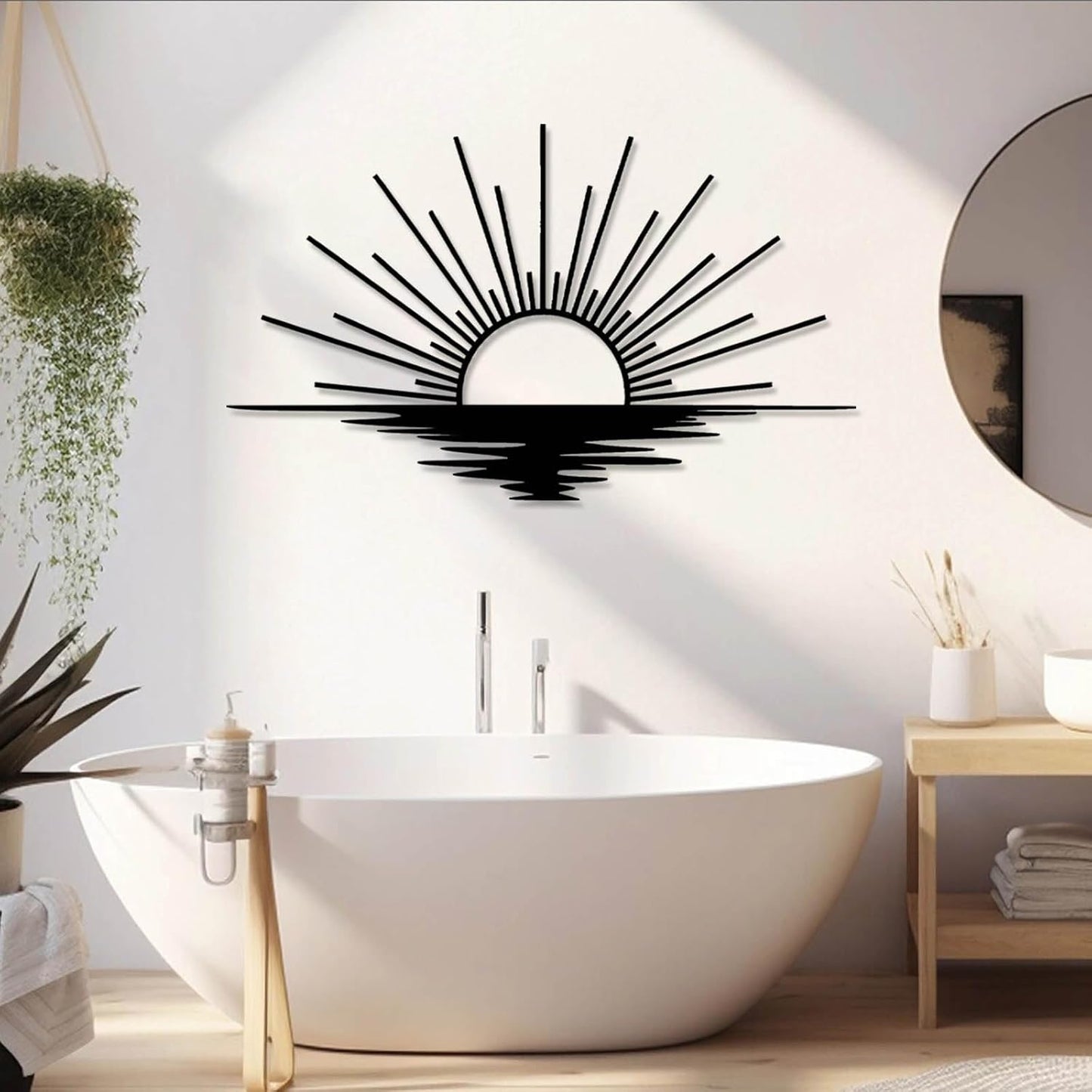 Sunrise Metal Wall Art, Metal Sun Wall Decor, Sun Outdoor Wall Art, Abstract Sunrise Wall Decor, Boho Home Hanging, Living Room Wall Hanging (White, 53"x32"/135x81cm)