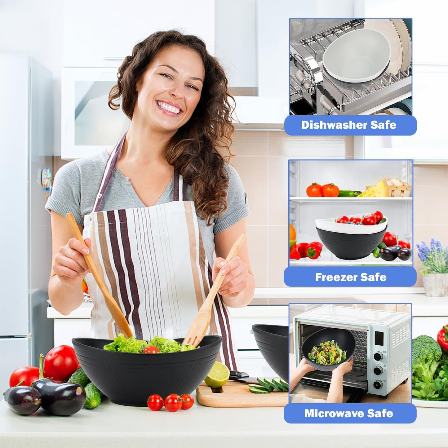 Big Wheat Straw Bowls,Unbreakable Large Salad Bowls,Dishwasher and Microware Safe Plastic Bowls Reusable,Kitchen Bowl Set for Salad,Cereal,Soup and Oatmeal.Black and White