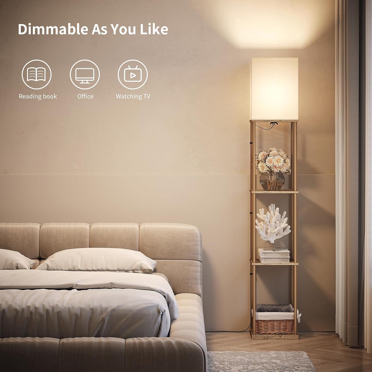 SUNMORY Floor Lamp with Shelves, Modern Square Shelf Lamps, Display Shelf Standing Lamp with 3 Color Temperature Bulb, Corner Bookshelf Lamps for Living Room and Bedroom Office, Home Decor