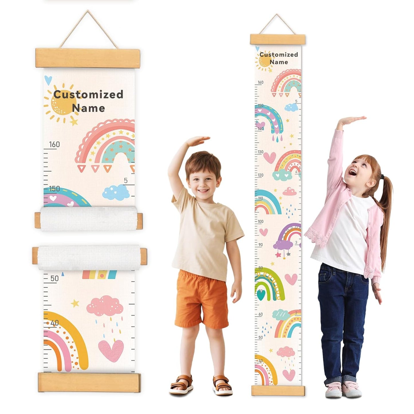 Personalized Name Growth Chart Wall Decor for Kids – Canvas Removable Height Chart Measuring Ruler 59" x 7.9" (Rainbows)