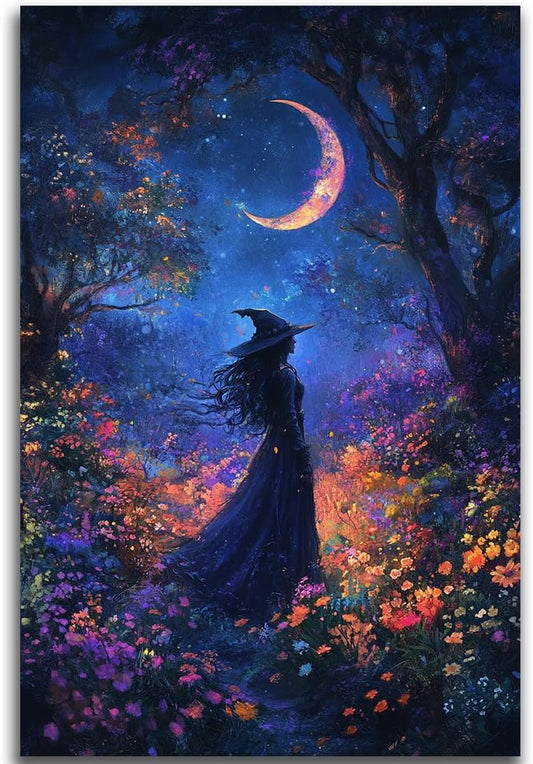 Vintage Halloween Witch Decor Mystic Gothic Wall Art Poster,Enchanting Witch Fall Whimsical Wildflowers Woodland Forest Crescent Moon Picture Art,Creepy Witchy Home Decor,16"x24" Unframed