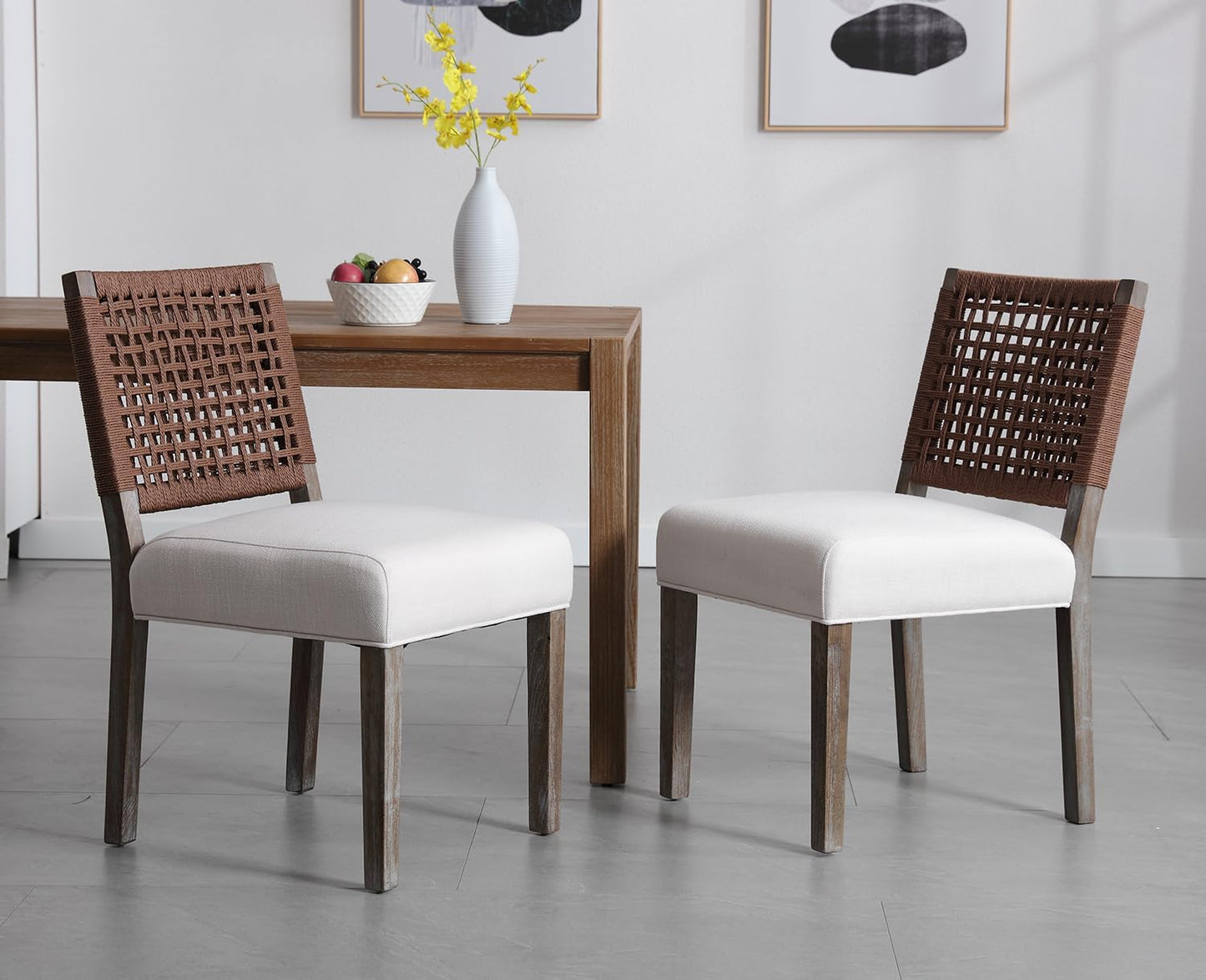 Kmax Farmhouse Dining Chairs Set of 2, Rustic Kitchen Chairs with Linen Fabric Seat and Woven Back, Vintage Accent Chairs for Dining Room, Living Room, Beige