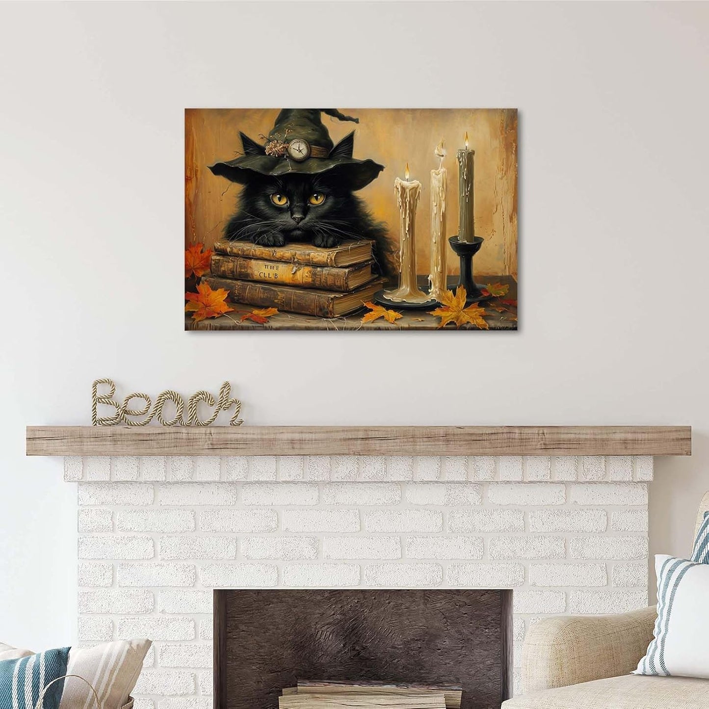 Vintage Halloween wall decoration black cat and magic book suitable for home bedroom living room decoration dark classic art witch wall decoration20x30in Wood Framed