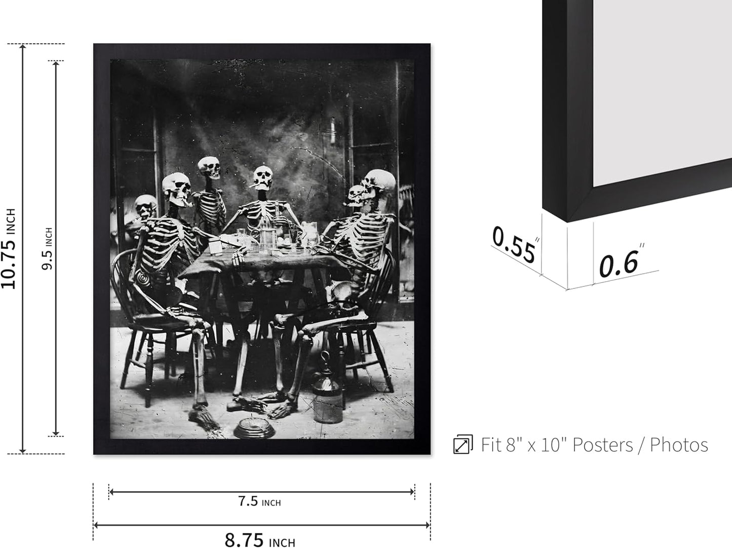 Poster Master Vintage Photograph Poster - Retro Daguerreotype Print - Gift for Artist, Friend - Skeletons Smoking at Table, Dinner Party, Goth - Wall Decor for Home, Dorm, 8x10 Black Framed