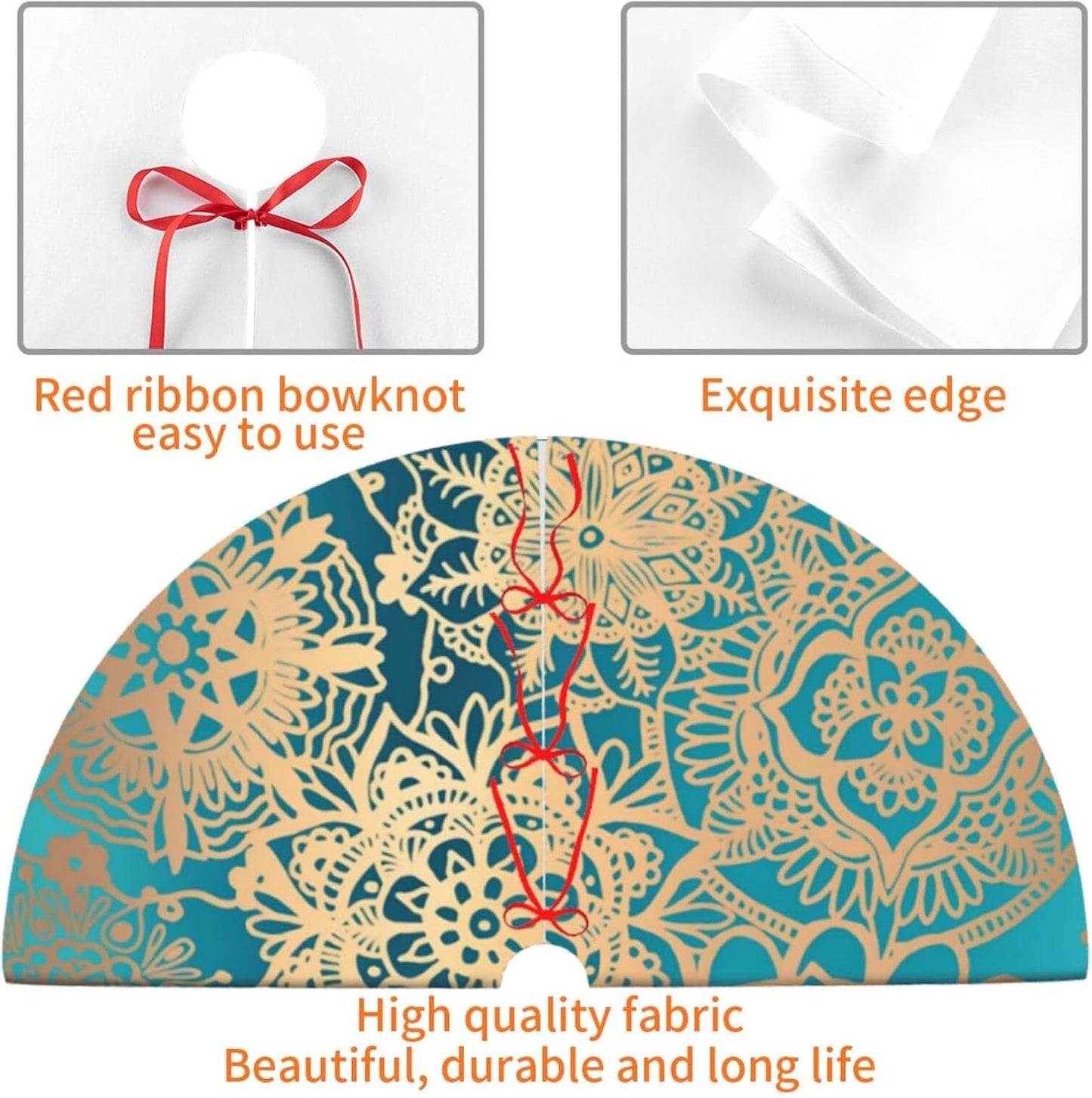 36" Large Christmas Tree Skirt, Elegant Teal Green Mandala Pattern Pattern Tree Mat Base Cover for Xmas Festive Holiday Party Decoration Ornaments