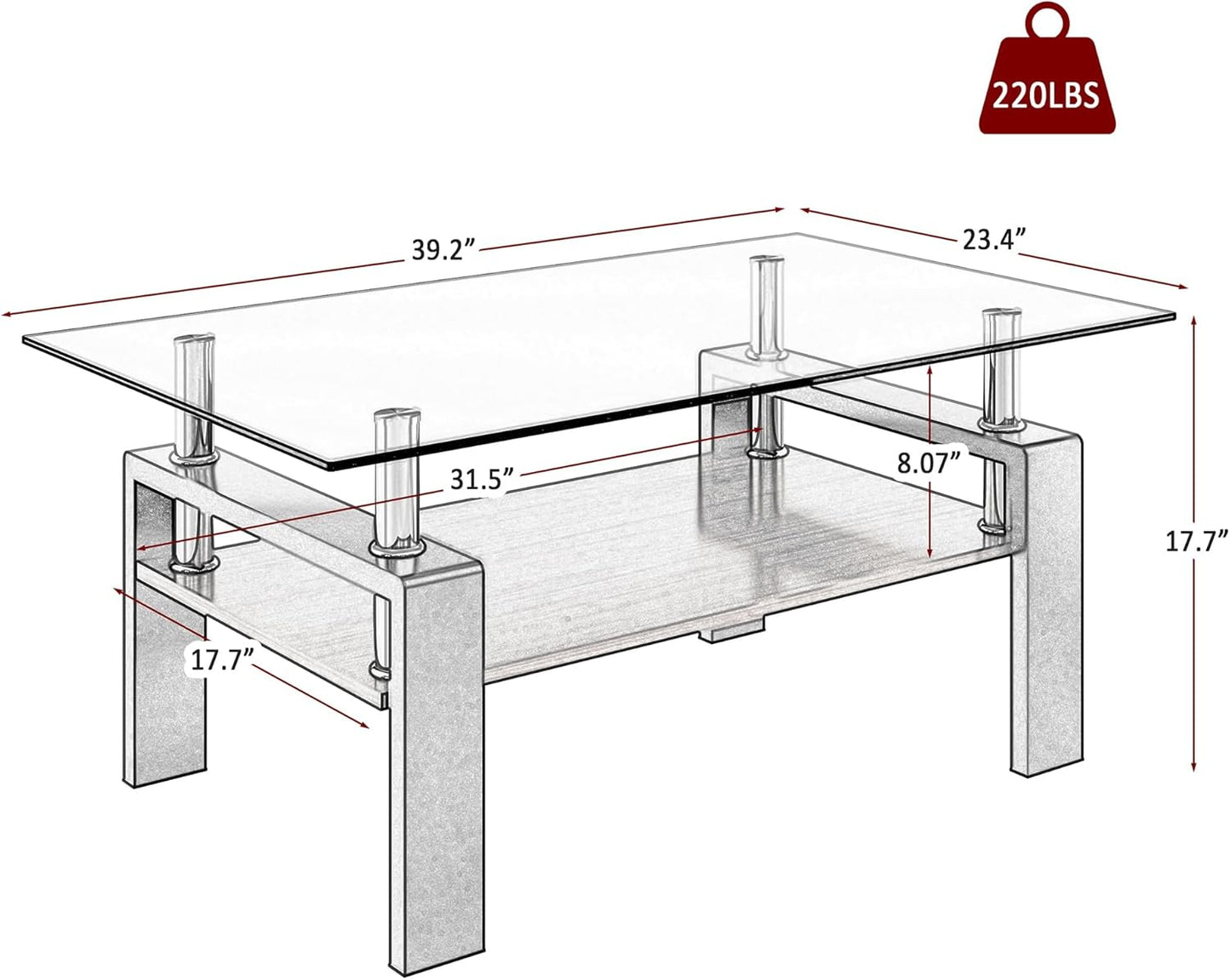 Glass Coffee Table Rectangle Living Room Center Table, with Gray Tempered Glass Tabletop and Brown MDF Layer,for Living Room and Office, Gray+Brown