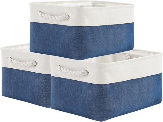 TheWarmHome Storage Basket for Organizing - Medium 3 Pack 14x10x7 inch Fabric Storage Cubes for Shelves with Rope, Collapsible Storage Bin for Organizer Closet Cloth Gift Toy (White & Jean Blue)
