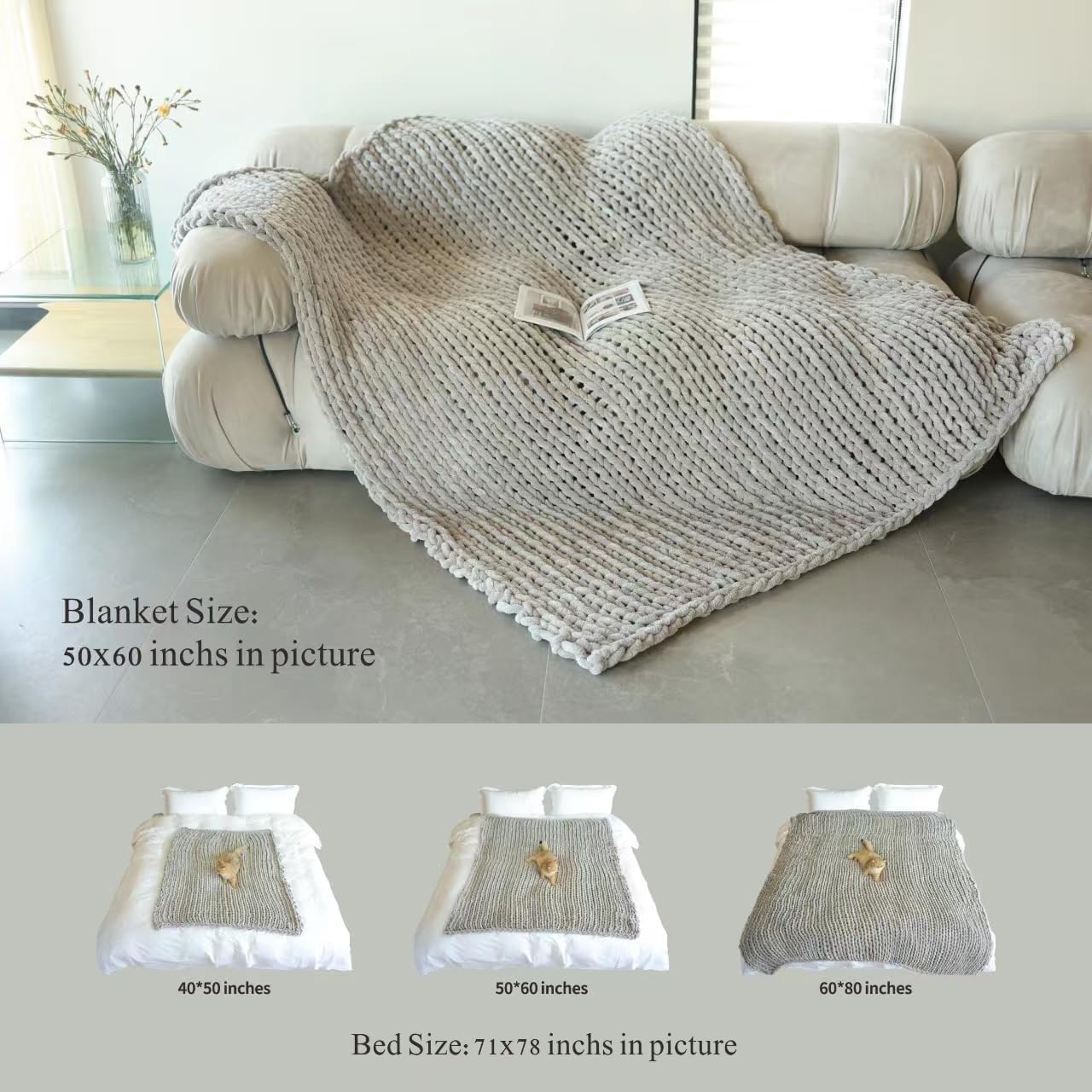 Maetoow Tighter Version Chenille Chunky Knit Blanket Throw 50×60 Inch, Handmade Warm & Cozy Blanket Couch, Bed, Home Decor, Soft Fleece Banket, Boho Thick Blankets and Giant Yarn Throws，Olive Green