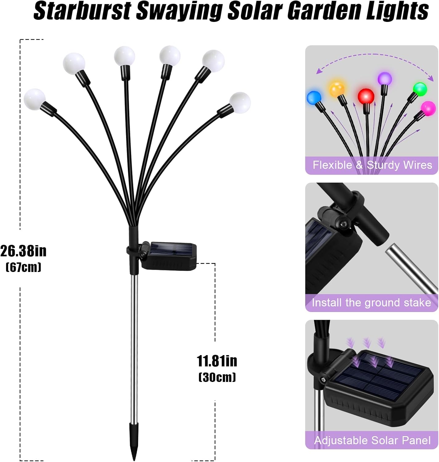 Solar Garden Lights Outdoor Decor, 24 LEDs Solar Firefly Light, Multicolor Changing RGB Swaying Lights Outdoor Waterproof, 4 Pack 6 Heads Christmas Garden Decorative for Yard Patio Pathway Lawn Decor